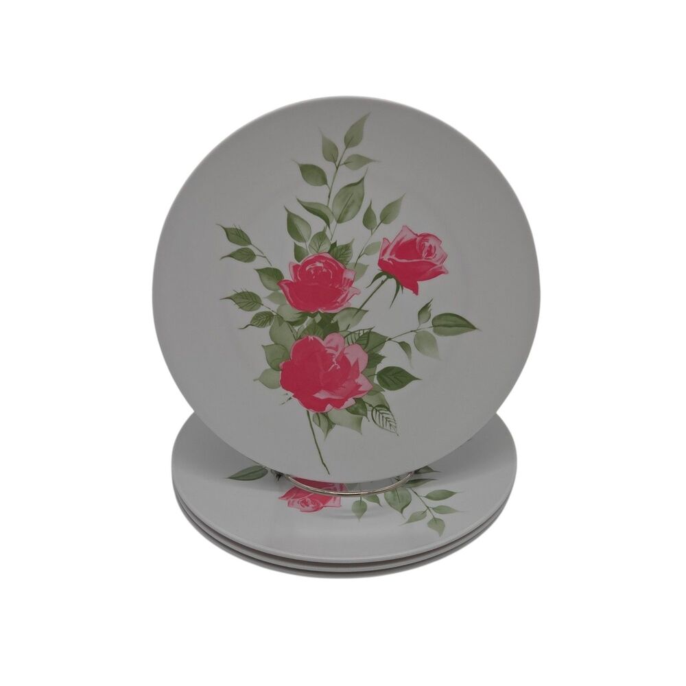Set 4 Vintage Melmac Dinner Plates 9” Pink Floral Roses Melamine 7300-T Cottage